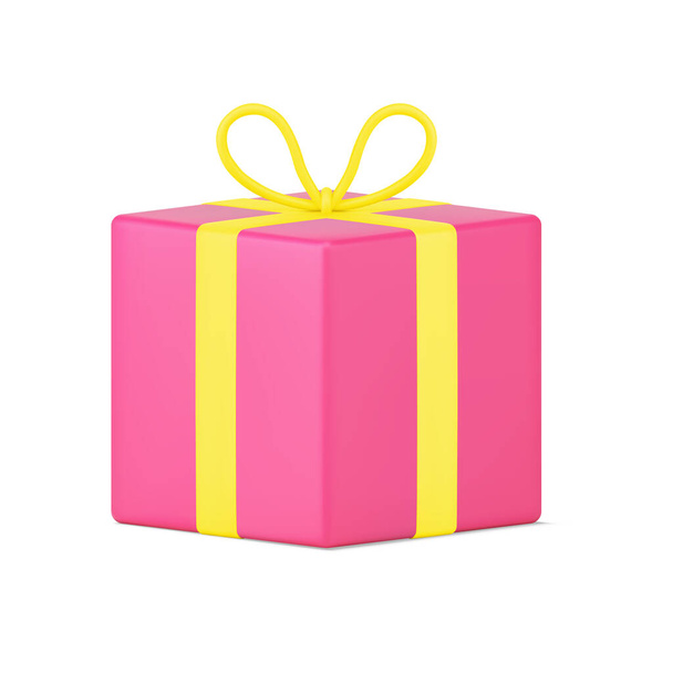 Red surprise gift 3d icon. Volumetric box with yellow ribbons and bow on lid - Vektor, obrázek