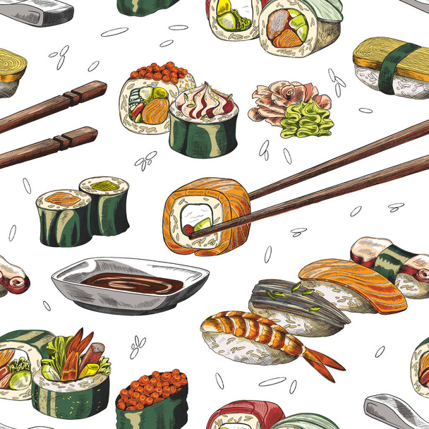 Seamless colorful pattern with various sushi, sketch vector illustration. - Vektor, Bild