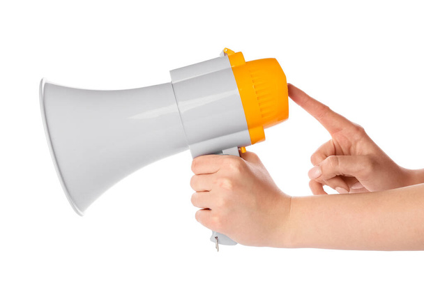 Woman with megaphone on white background - Photo, Image