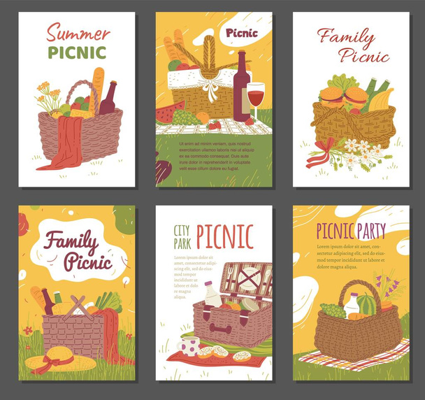 Cards or posters collection with picnic baskets full of tableware and foods, hand drawn vector illustration. Banners set for picnic invitations and advertisement. - Vetor, Imagem