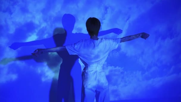Widok z tyłu wytatuowanej kobiety pozującej na niebieskim tle z chmurami  - Materiał filmowy, wideo