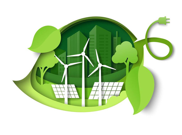 Green leaf with windmills, solar panels, trees, city building silhouettes, vector paper cut illustration. Green energy. - Vektör, Görsel