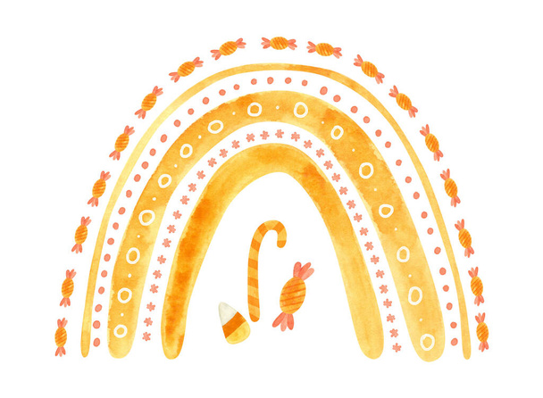 Oranje Halloween regenboog met snoepjes. Leuke aquarel illustratie voor kinderen Halloween. - Foto, afbeelding