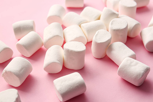 Tasty marshmallows on color background, closeup - Photo, Image
