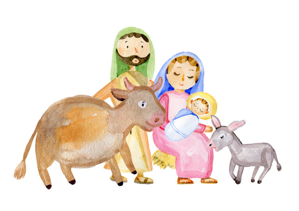 Діва Марія, Ісус Христос, Йосип, вівці, тварини. Зображення з аквареллю руки в м'яких кольорах. На різдвяні листівки - Фото, зображення