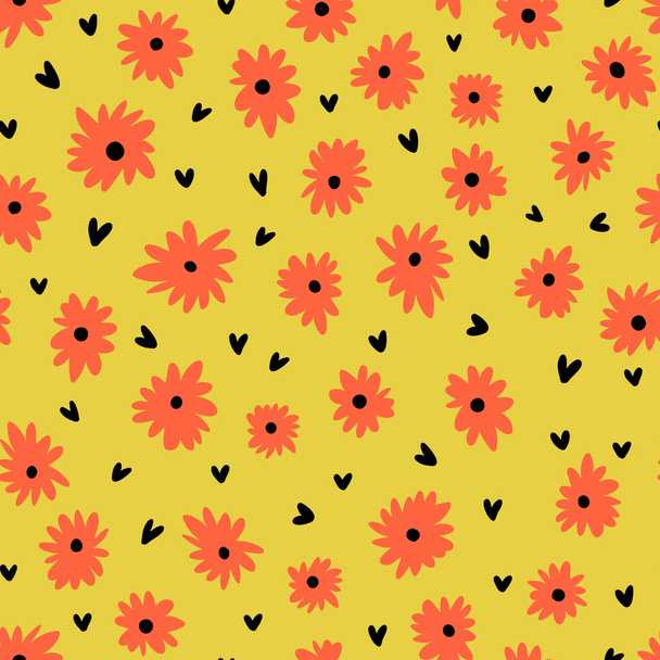 Valentýn hladký vzor s květinami a malými srdíčky. Malé oranžové heřmánky na žlutém pozadí. - Vektor, obrázek
