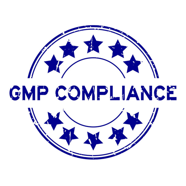 Grunge-blauer GMP (Good Manufacuturing Practice) -Konformitätsbegriff runder Gummidichtungsstempel auf weißem Hintergrund - Vektor, Bild
