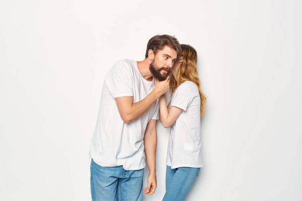 cheerful young couple communication friendship casual clothes light background - Фото, зображення