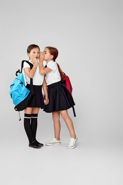 two happy little cheerful friends schoolgirls with backpacks - 写真・画像