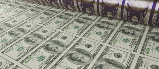 Εκτυπώνει νέα χρήματα. Έννοια του πληθωρισμού με τα χαρτονομίσματα των 100 δολαρίων κινούνται προς το μέρος σας από έναν κύλινδρο εκτύπωσης. 3D απόδοση - Φωτογραφία, εικόνα