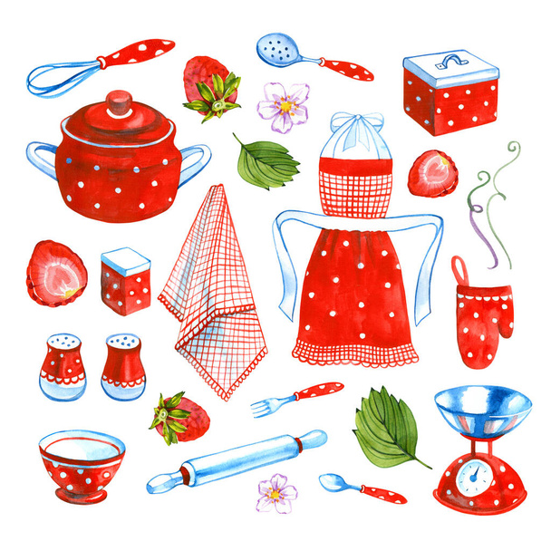 Cute Strawberry kitchen items needed in a pastry shop hand-drawn in watercolor and isolated on a white background. Collection of hand-drawn confectionery element - Photo, Image