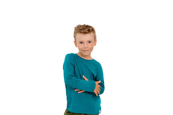 little boy in turquoise sweater on white isolated background - Photo, image