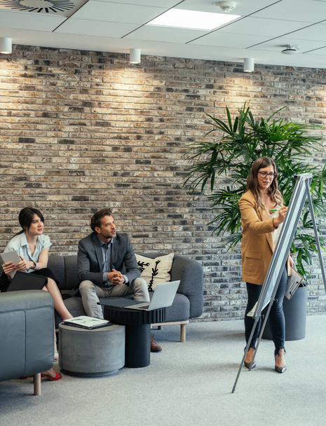 Young Business Woman Presenting Business Strategy on a White Board at Work. Happy businessman and businesswoman sitting on couch in a casual meeting at their company and listening to female colleague who is writing new ideas on whiteboard.  - Fotoğraf, Görsel