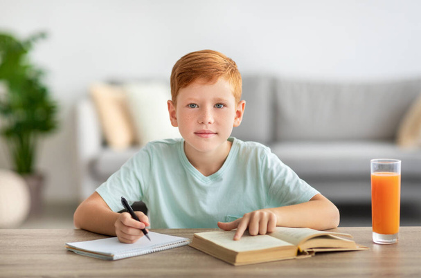 Adorabile rossa ragazzo lettura libro e scrittura note - Foto, immagini