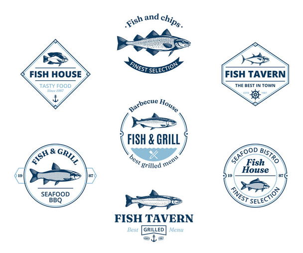 Логотип ресторана, элементы дизайна, иконки и рыбные иллюстрации - Вектор,изображение