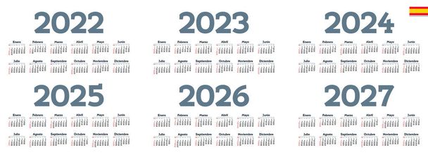 Španělský kalendář 2022, 2023, 2024, 2025, 2026, 2027 na bílém pozadí, týden začíná v neděli - Vektor, obrázek