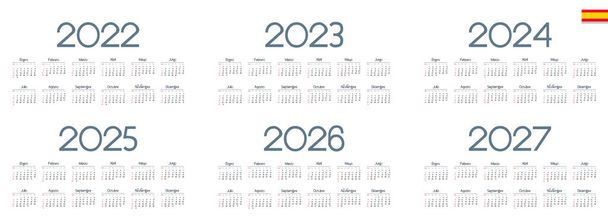 Spanish calendar 2022, 2023, 2024, 2025, 2026, 2027 on white background, week starts on Sunday - Vector, Image