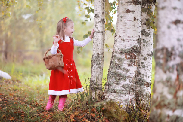 Uma menina de chapéu vermelho e vestidos está andando no parque. Cosplay para herói conto de fadas "Chapeuzinho Vermelho" - Foto, Imagem