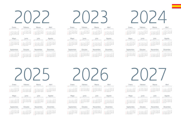 Spanyol naptár 2022, 2023, 2024, 2025, 2026, 2027, fehér alapon, a hét vasárnap kezdődik - Vektor, kép
