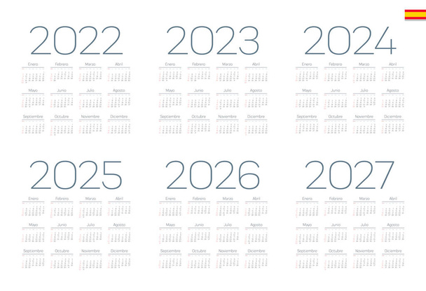 Spanish calendar 2022, 2023, 2024, 2025, 2026, 2027 on white background, week starts on Sunday - Vector, Image