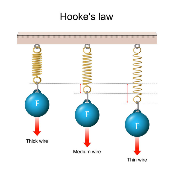 Hookův zákon. síla je úměrná prodloužení. od tenkého drátu k silnému drátu. vektorová ilustrace - Vektor, obrázek