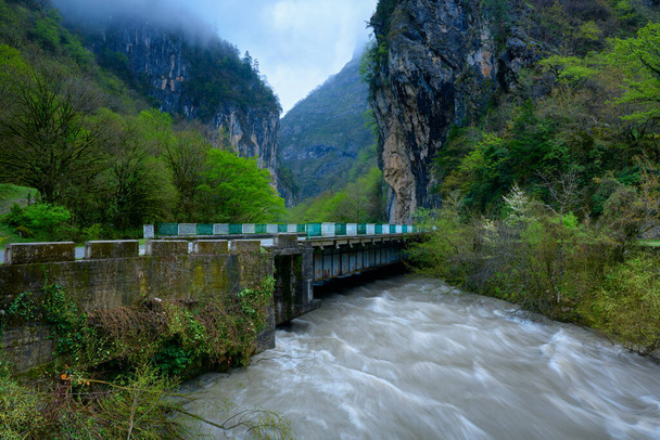 bridge over a mountain river on the road to lake ritsa - Foto, immagini