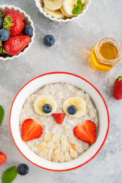 Funny bowl with oat porridge with owl faces made of fruits and berries on a gray concrete background. Food for kids idea, top view, copy space. - Photo, Image