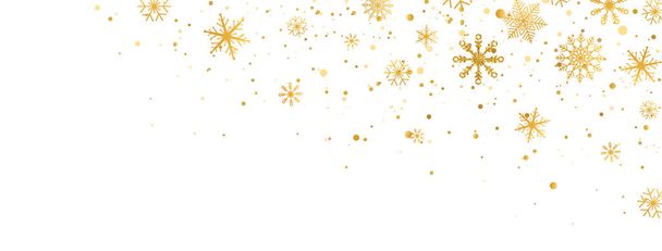 Golden snowflakes on long banner. Christmas gold celebration composition. Snow fall. Winter design. Happy New Year card. Holiday background. Season greeting. Glitter luxury card. Vector illustration - Vector, Imagen