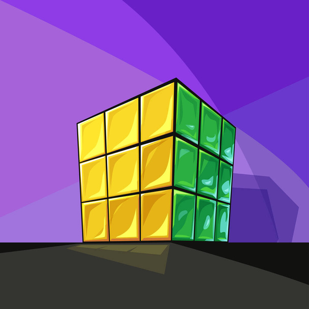 solved rubiks cube cartoon style on violet - Вектор,изображение