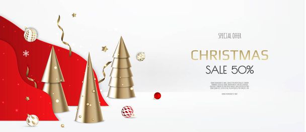 Christmas and New Year background. Conical Gold Christmas Trees. Winter holiday composition. Greeting card, banner, poster, header for website - Vector, Image