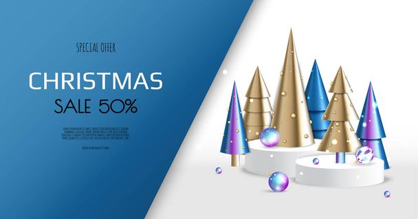 Christmas and New Year background. Conical Gold Christmas Trees. Winter holiday composition. Greeting card, banner, poster, header for website - Vector, Image