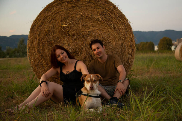 uomo e donna vicino pagliaio con il loro cane, in estate prima del tramonto - Foto, immagini