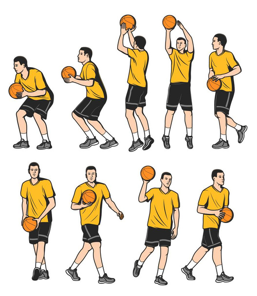 Défenseur de basket-ball, joueurs avant et au centre avec balle. Joueur de basket-ball positions de tir mouvement séquence avec balle, attraper, viser et lancer des étapes. Joueurs de sport personnage vectoriel en uniforme - Vecteur, image
