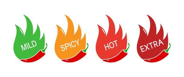 Pikantne poziomy ikony papryki chili. Łagodny, ostry, gorący, dodatkowy sos. Ilustracja wektora - Wektor, obraz