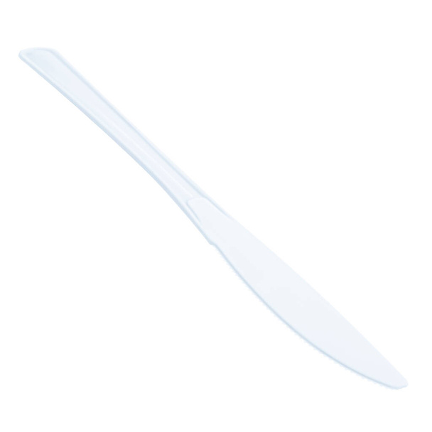 White Plastic disposable utensil: knife. Blue Disposable plastic knife, clipping path, isolated on white background. Blue Disposable Plastic Cutlery, Single use  knife, Disposable tableware, Plastic pollution, waste, eco, ecology, recycle. - Photo, Image