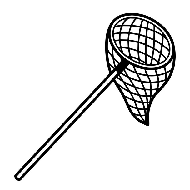 Entomological landing net for catching insects. Hand-drawn monochrome doodle. Insectological equipment with a long handle and a net for catching butterflies. Sketch on a white background. - Vector, Image