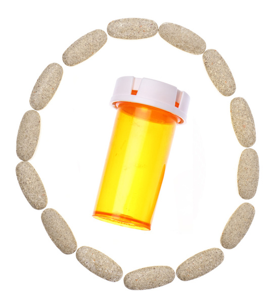 Circle of Pills Capsules with Prescription Bottle in Center - Photo, Image