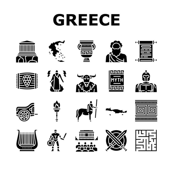 Ancient Greece Mythology History Icons Set Vector. Ancient Greece Myth And Ornament, Lyre Musician Instrument And Acropolis Building, Centaur And Minotaur Glyph Pictograms Black Illustrations - Vector, Image