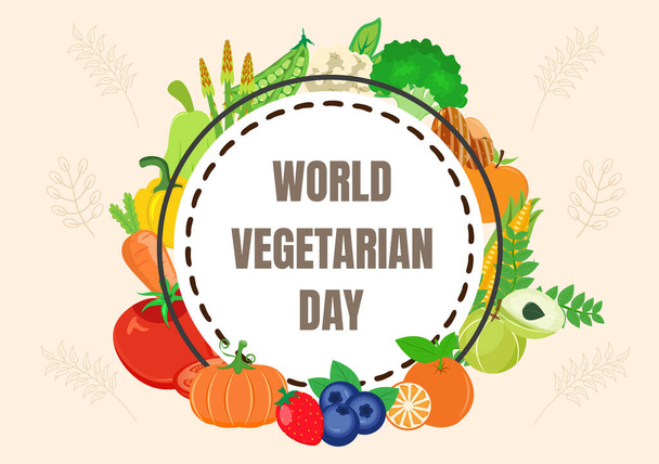 Világ Vegetáriánus Nap Aranyos Rajzfilm Vektor Illusztrációja Különböző típusú zöldségek vagy gyümölcsök, mint a brokkoli, sárgarépa, paradicsom és mások az egészség fenntartása érdekében - Vektor, kép