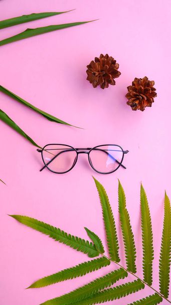 round glasses in the photo in minimal summer style on a pastel pink color background. - Foto, immagini