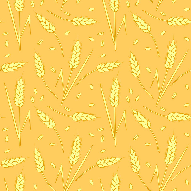 小麦のスパイクレットと穀物、平らなスタイルでベクトルシームレスなパターン、隔離された。印刷、包装紙のデザイン、ベーカリー製品、小麦粉、収穫、感謝祭をテーマにしたパッケージ. - ベクター画像