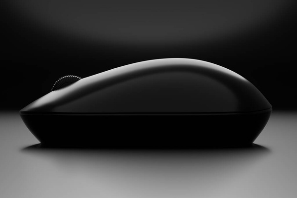 3D rendering Draadloze Muis zwarte kleur, Gadget Technology concept ontwerp op zwarte achtergrond met kopieerruimte - Foto, afbeelding