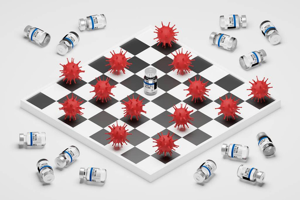 Isometric 3D rendering Chess Covid-19 vaccine bottle, Strategy Vaccination Campaign for Herd immunity protection from pandemic concept design on white background with copy space - Foto, Imagem