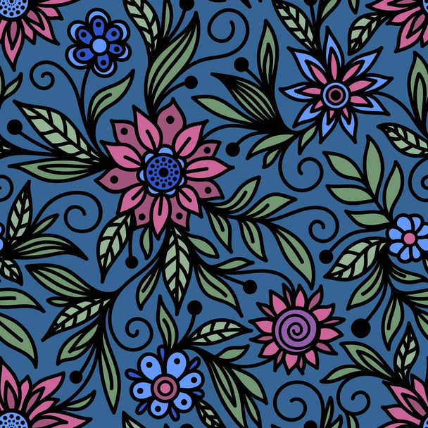 Seamless pattern with blue and pink flowers on a blue background in a vector - Vektor, kép