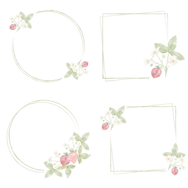 minimal watercolor hand drawn wild strawberry wreath frame collection - Vector, Image