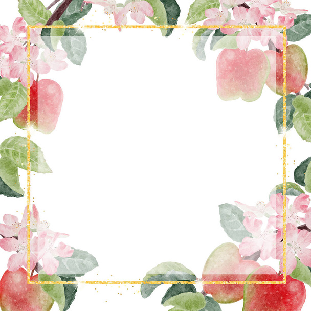 акварель яблочный цветок и фрукты с золотым блеском рамка для баннера с копией пространства для текста - Вектор,изображение