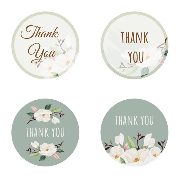 watercolor white magnolia thank you sticker collection - Vector, Image