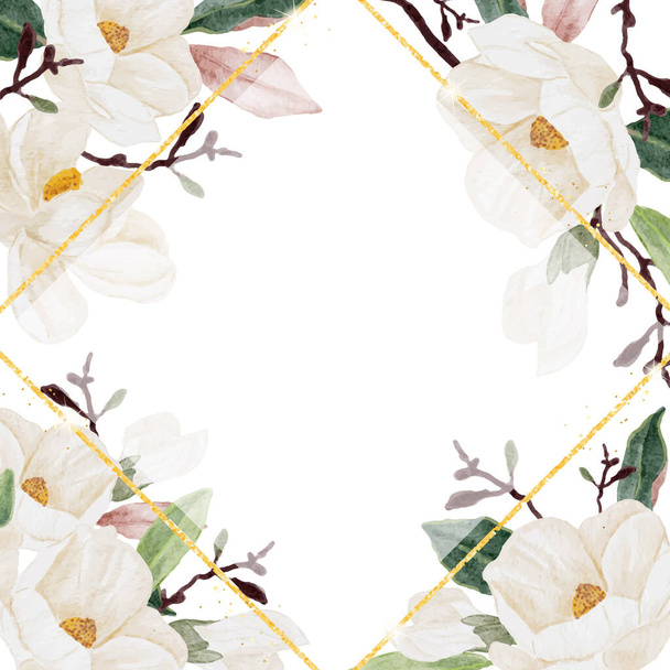 akwarela biały magnolia kwitnący kwiat gałąź bukiet ze złotym brokatem ramka kwadratowy baner tło - Wektor, obraz