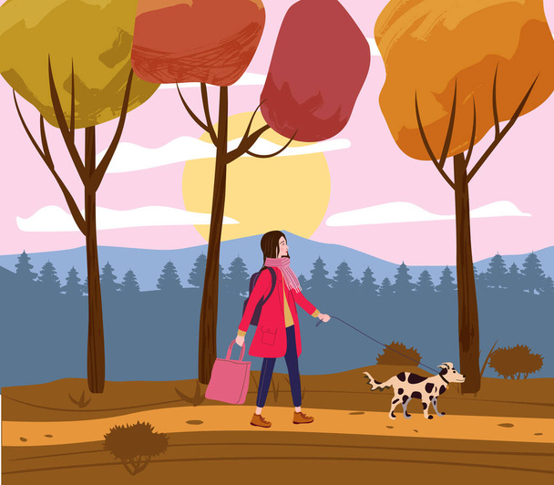 Mujer joven pasea al perro en el camino del parque de otoño. El tipo a la moda a la moda con la mascota, el humor otoñal. Banner de ilustración vectorial - Vector, imagen