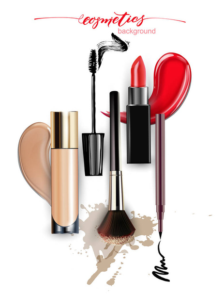 Cosmetics: lipstick, mascara, concealer . 3D realistic detailed mockup. Beauty and cosmetics background. Use for advertising flyer, banner, leaflet. Template Vector. - Photo, image